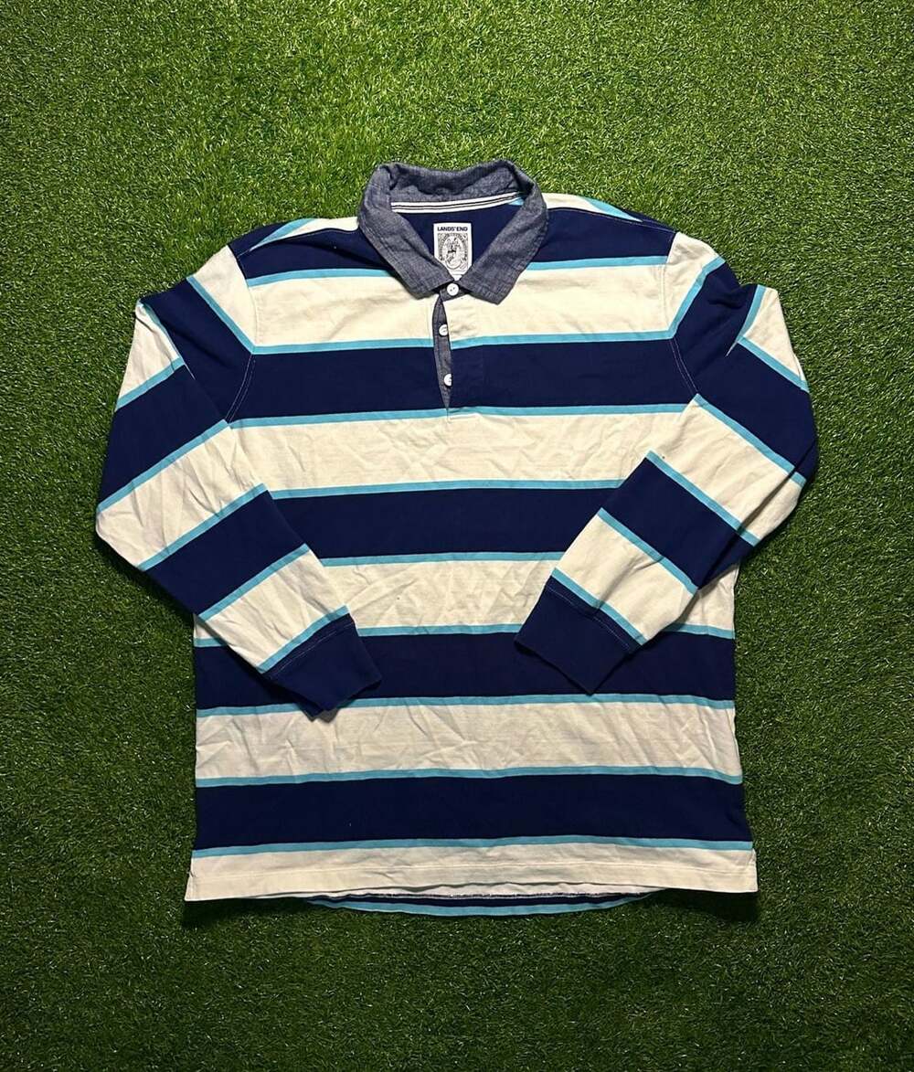 Y2K 2000s Lands End Long Sleeve Rugby Polo Shirt Blue White Striped